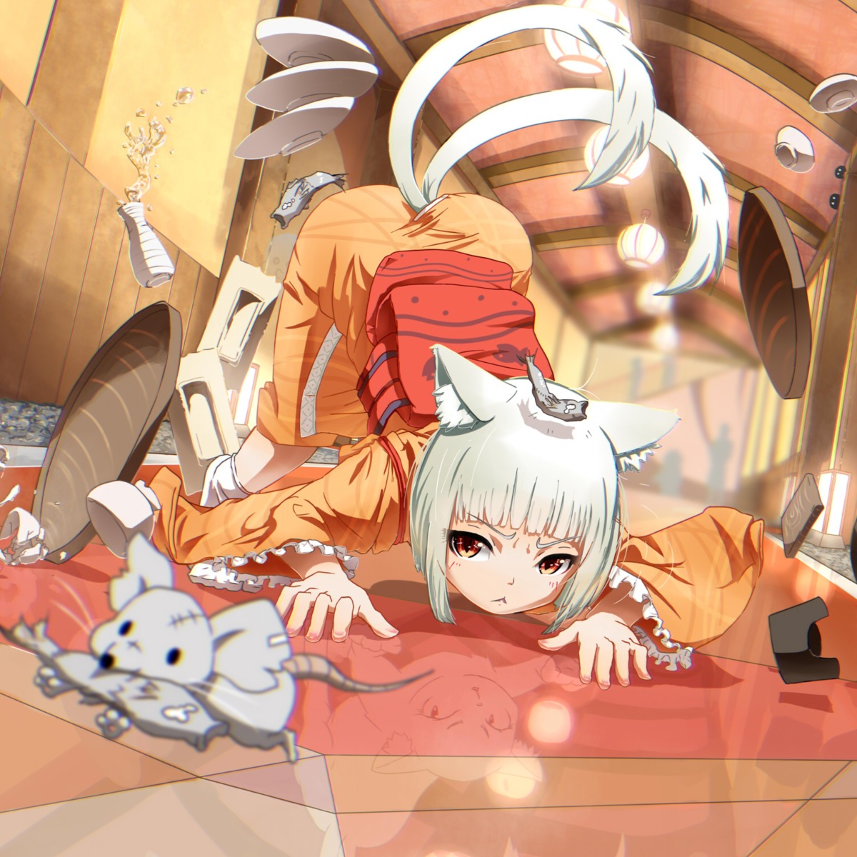 animal_ears, ayakashi_hyakkiyakou, nekomimi, omakecchi, sake, tail, yukata