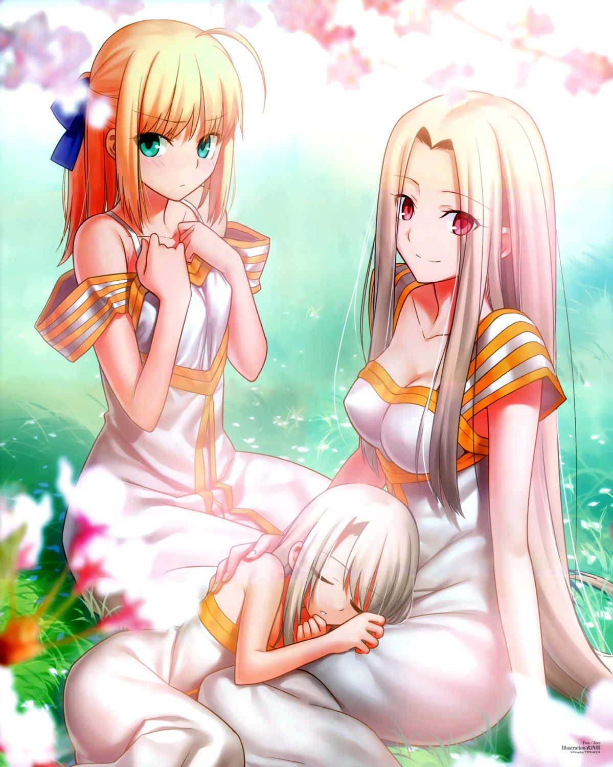 artoria_pendragon_(fate), cleavage, dress, fate/stay_night, fate/zero, illyasviel_von_einzbern, irisviel_von_einzbern, takeuchi_takashi, type-moon