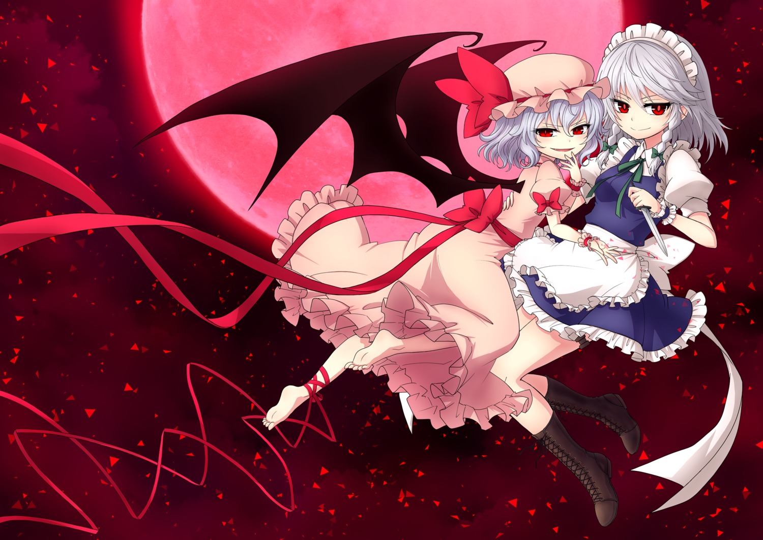 dress, izayoi_sakuya, maid, miruki, remilia_scarlet, touhou, weapon, wings