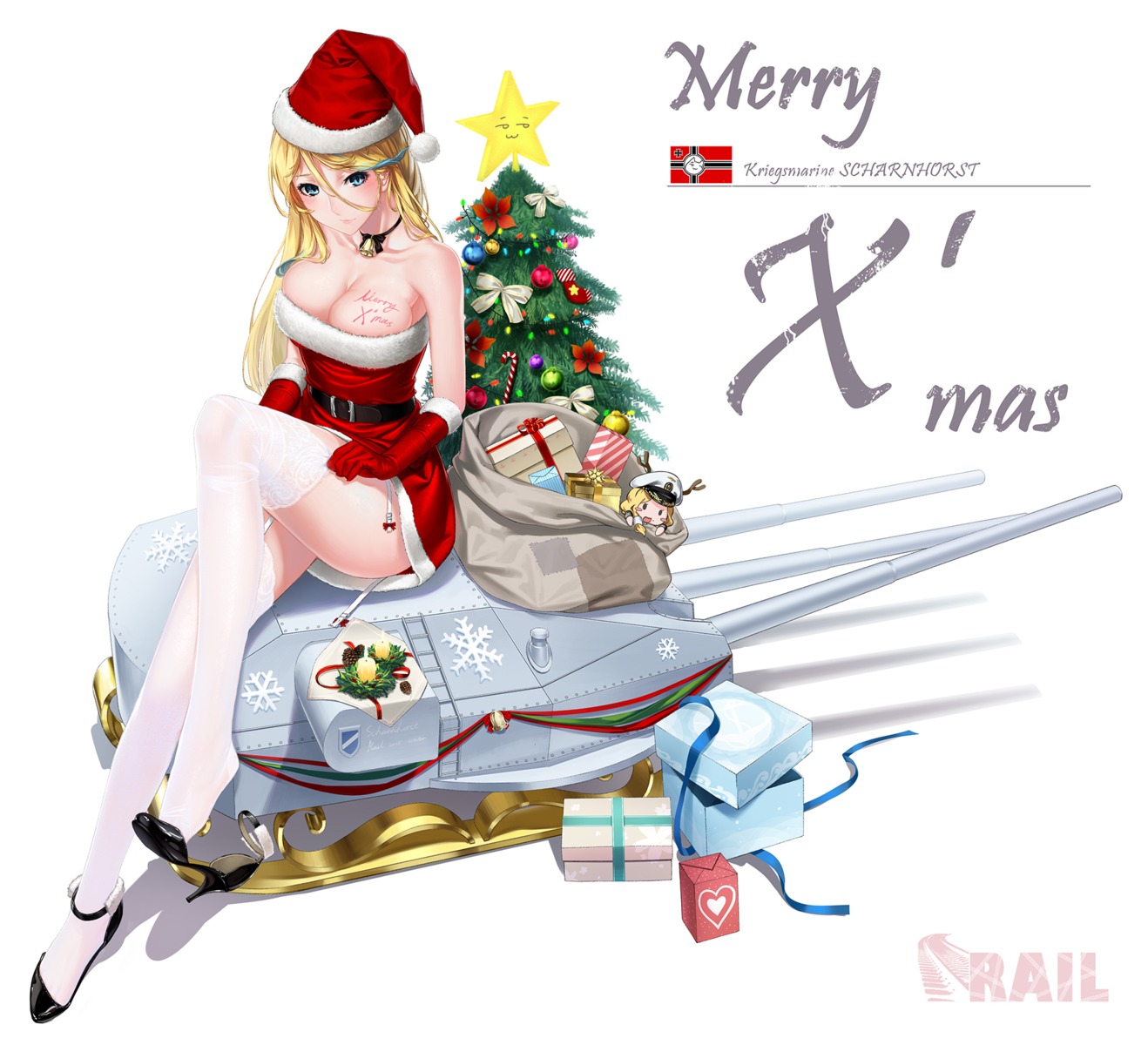 christmas, cleavage, dress, heels, no_bra, rail_(silverbow), scharnhorst_(zhanjianshaonv), stockings