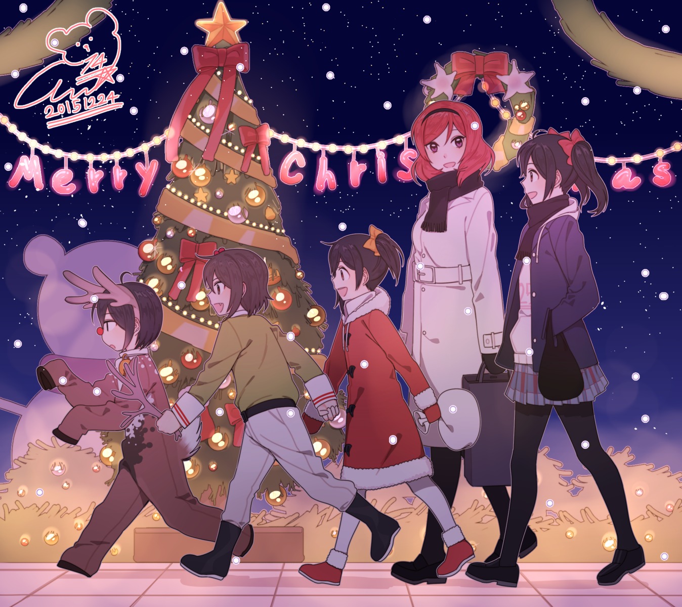 14_(vision5032), autographed, christmas, dress, horns, love_live!, love_live!_(series), nishikino_maki, open_shirt, pantyhose, yazawa_kokoa, yazawa_kokoro, yazawa_kotarou, yazawa_nico