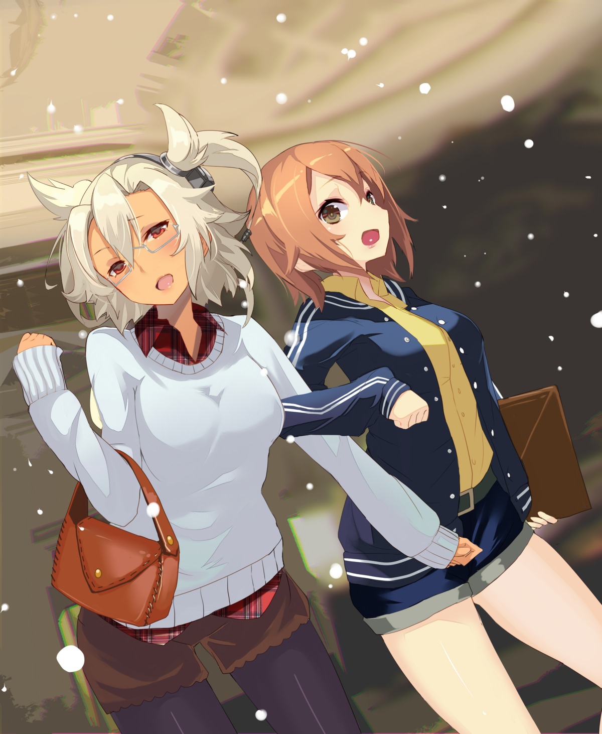 kantai_collection, megane, musashi_(kancolle), open_shirt, pantyhose, sakuhiko, shiratsuyu_(kancolle), sweater