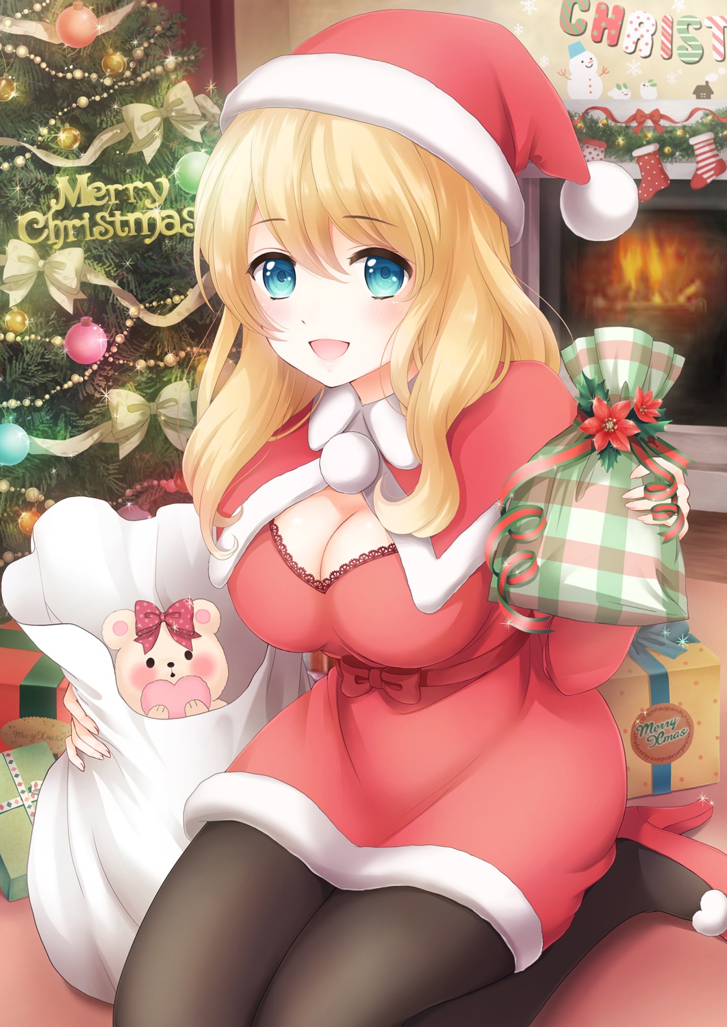 christmas, cleavage, dress, heels, nanairo_fuuka, pantyhose