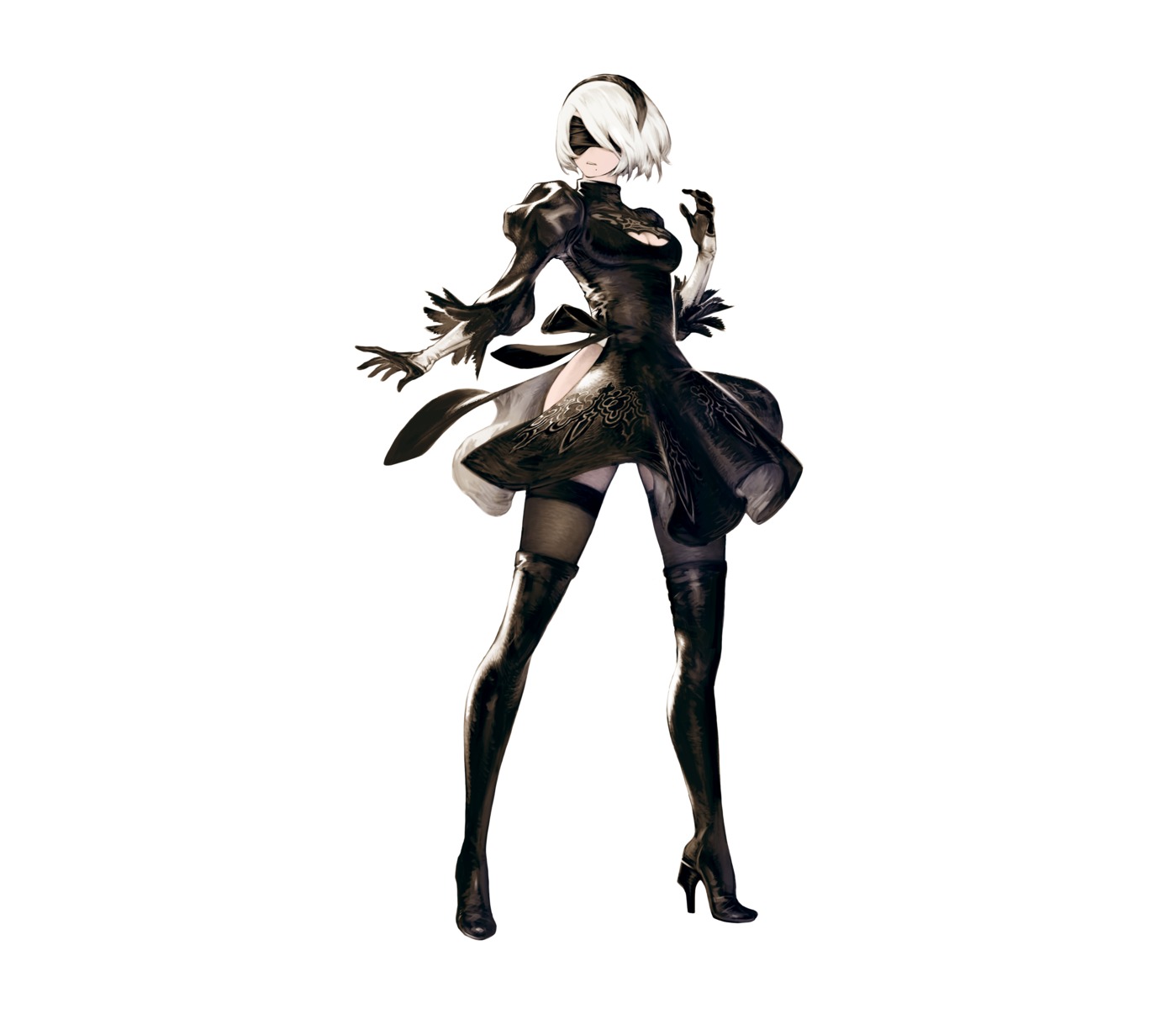 cleavage, dress, eyepatch, heels, nier, nier_automata, thighhighs, yorha_no.2_type_b, yoshida_akihiko