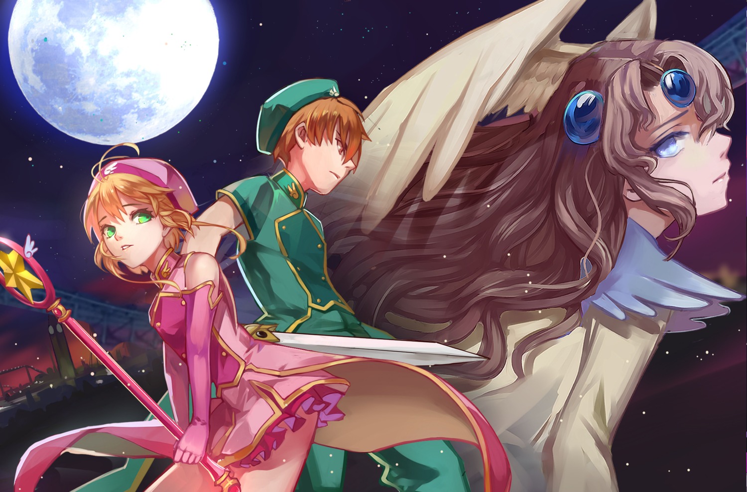 card_captor_sakura, cat_(pixiv5891854), dress, kinomoto_sakura, li_syaoran, sword, the_nothing, weapon, wings