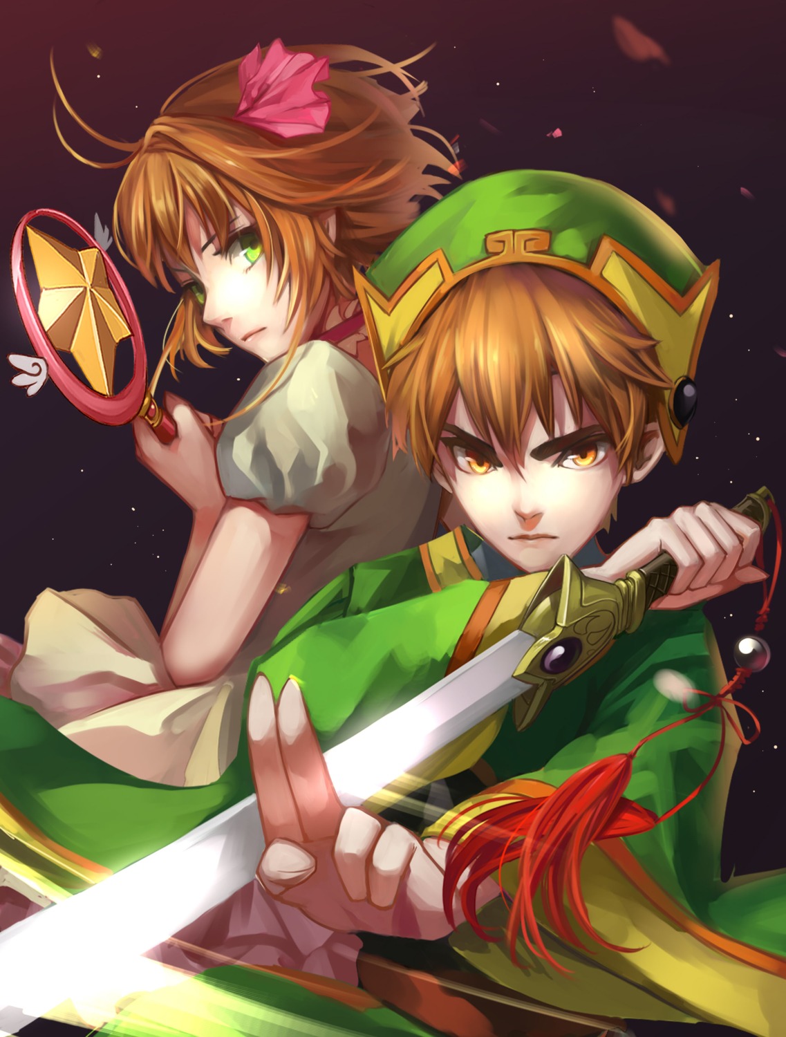 card_captor_sakura, cat_(pixiv5891854), kinomoto_sakura, li_syaoran, sword, weapon
