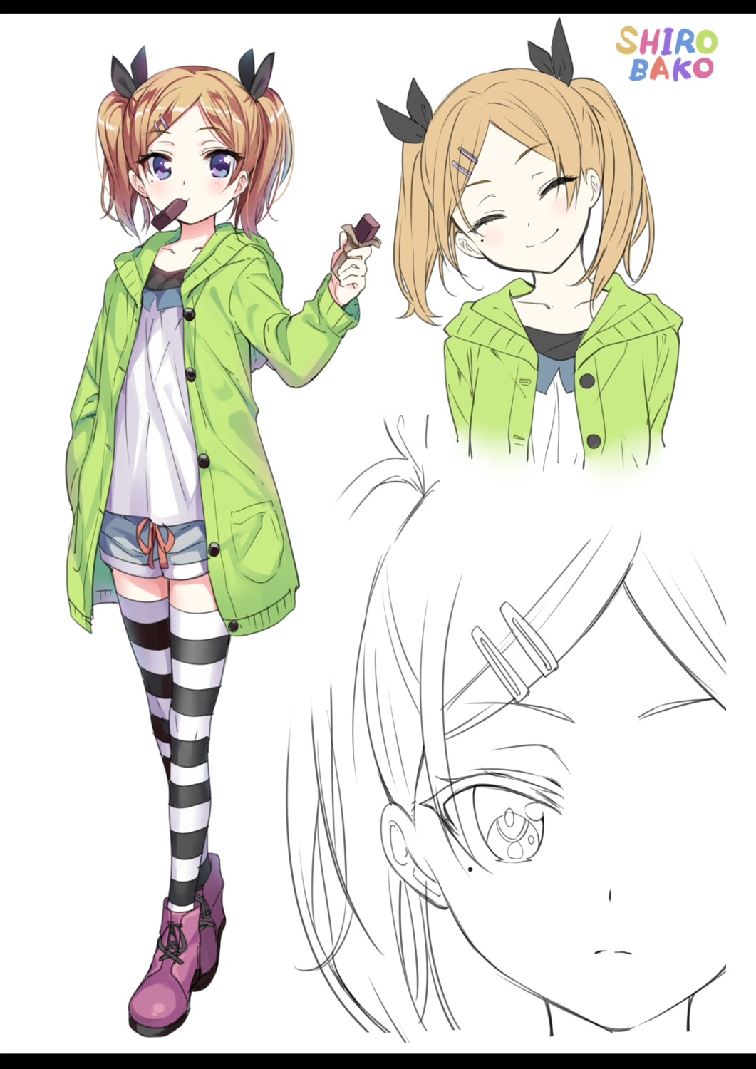 line_art, open_shirt, senri_gan, shirobako, sweater, thighhighs, yano_erika