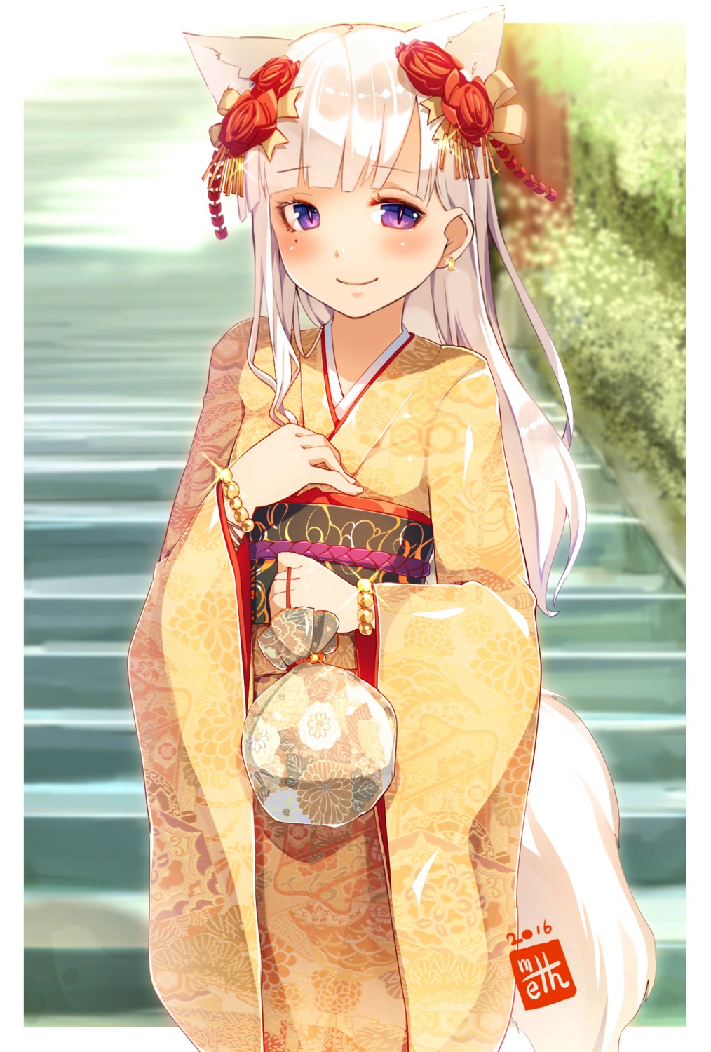 animal_ears, kimono, kitsune, sasame_meto, tail