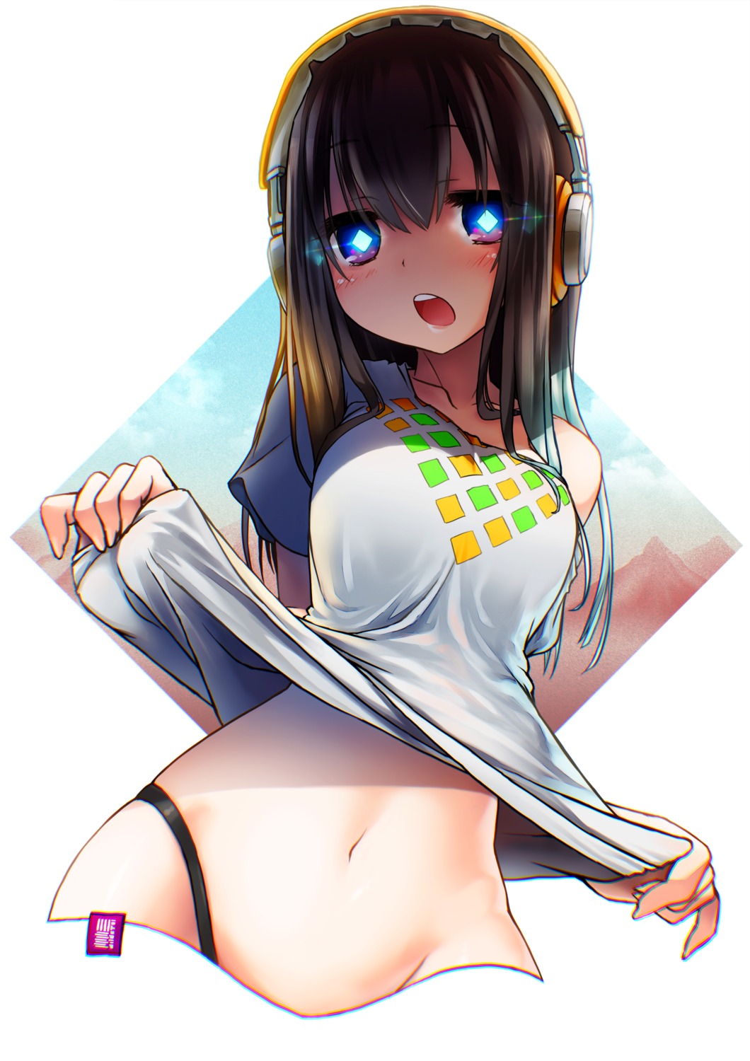 headphones, kuromaru9, shirt_lift, thong