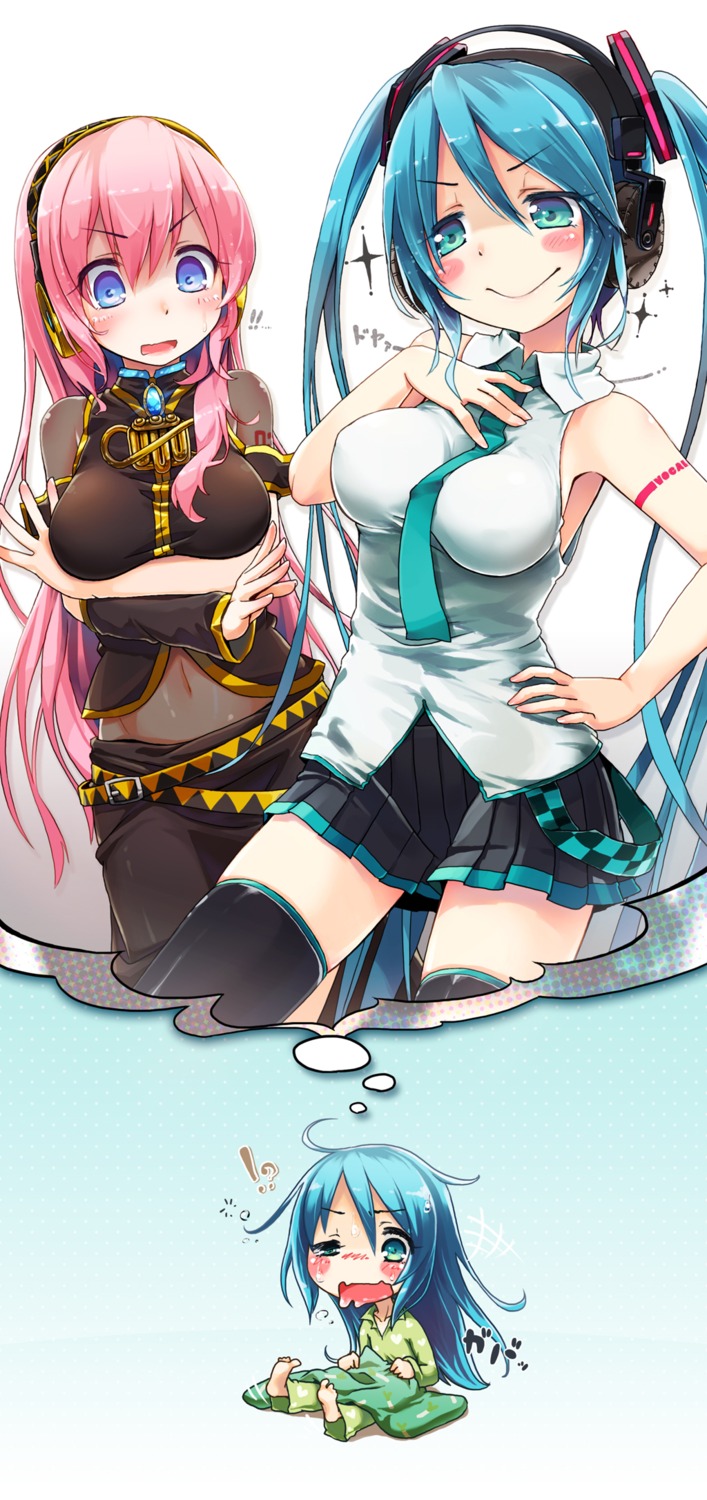breast_hold, hatsune_miku, headphones, kuromaru9, megurine_luka, pajama, see_through, tattoo