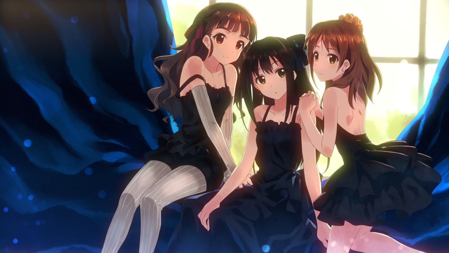 cleavage, dress, houjou_karen, kamiya_nao, no_bra, pantyhose, shibuya_rin, studio_s.d.t.