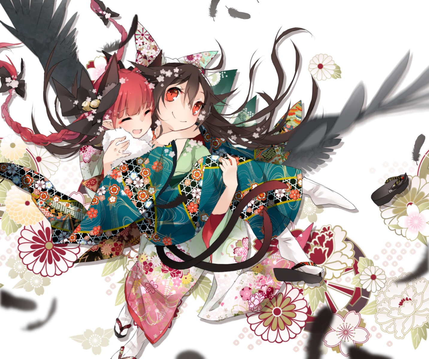 animal_ears, kaenbyou_rin, kimono, reiuji_utsuho, tail, touhou, toutenkou, wings