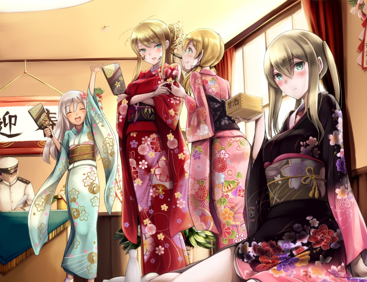 admiral_(kancolle), bismarck_(kancolle), graf_zeppelin_(kancolle), kantai_collection, kimono, kirieroido_iii, prinz_eugen_(kancolle), ro-500