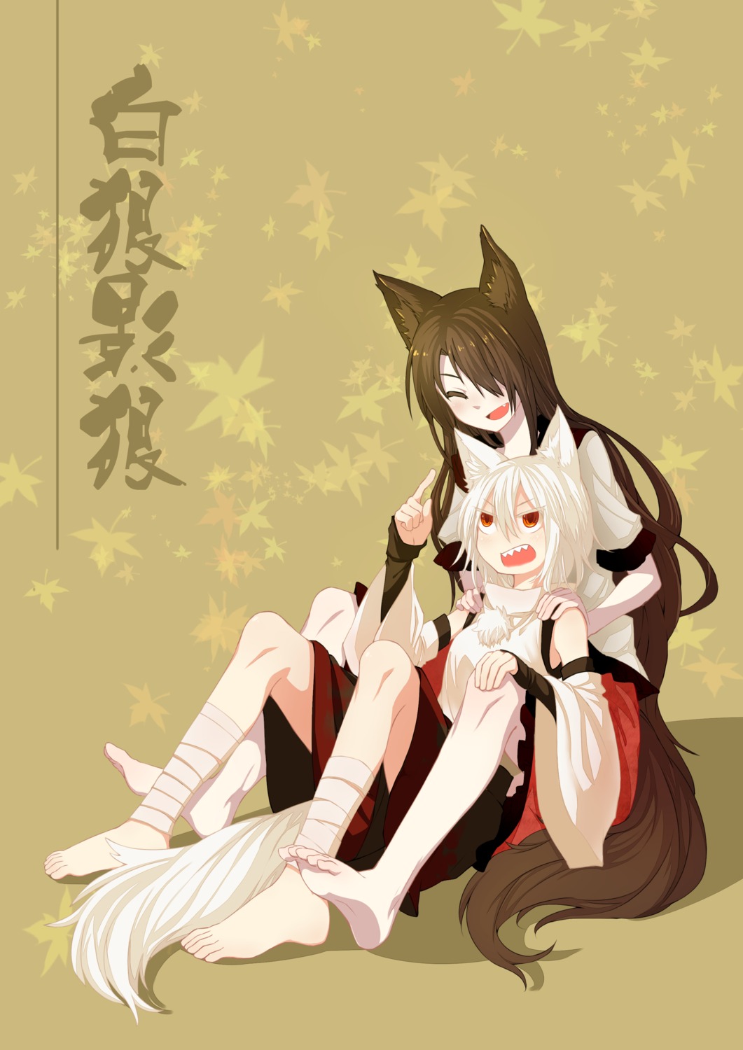 animal_ears, bandages, dress, imaizumi_kagerou, inubashiri_momiji, ko_kita, tail, touhou
