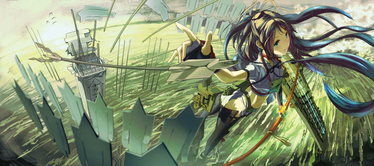 fujita_(condor), kantai_collection, katsuragi_(kancolle), landscape, thighhighs, weapon