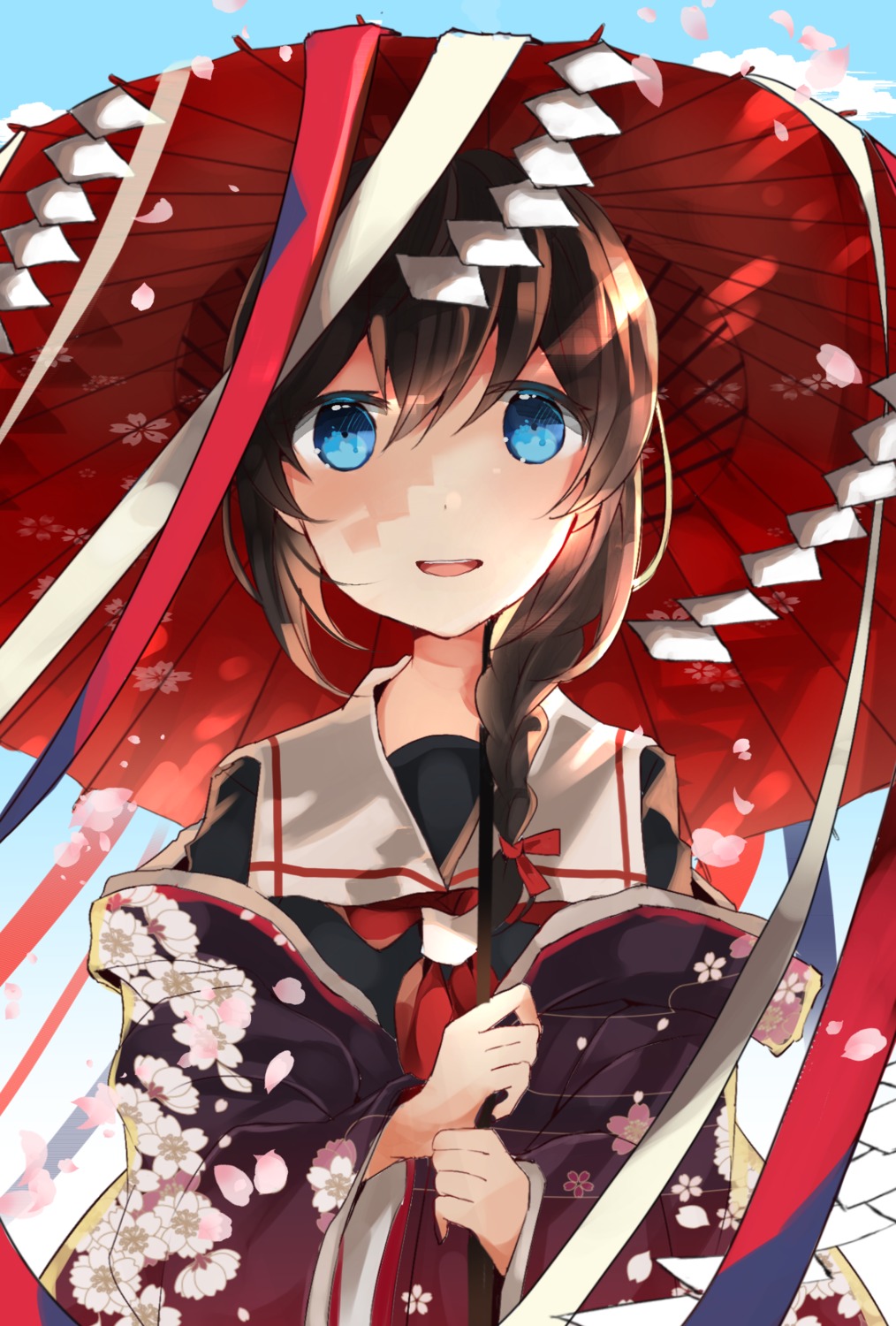 kantai_collection, kimono, kumahara, open_shirt, seifuku, shigure_(kancolle), umbrella
