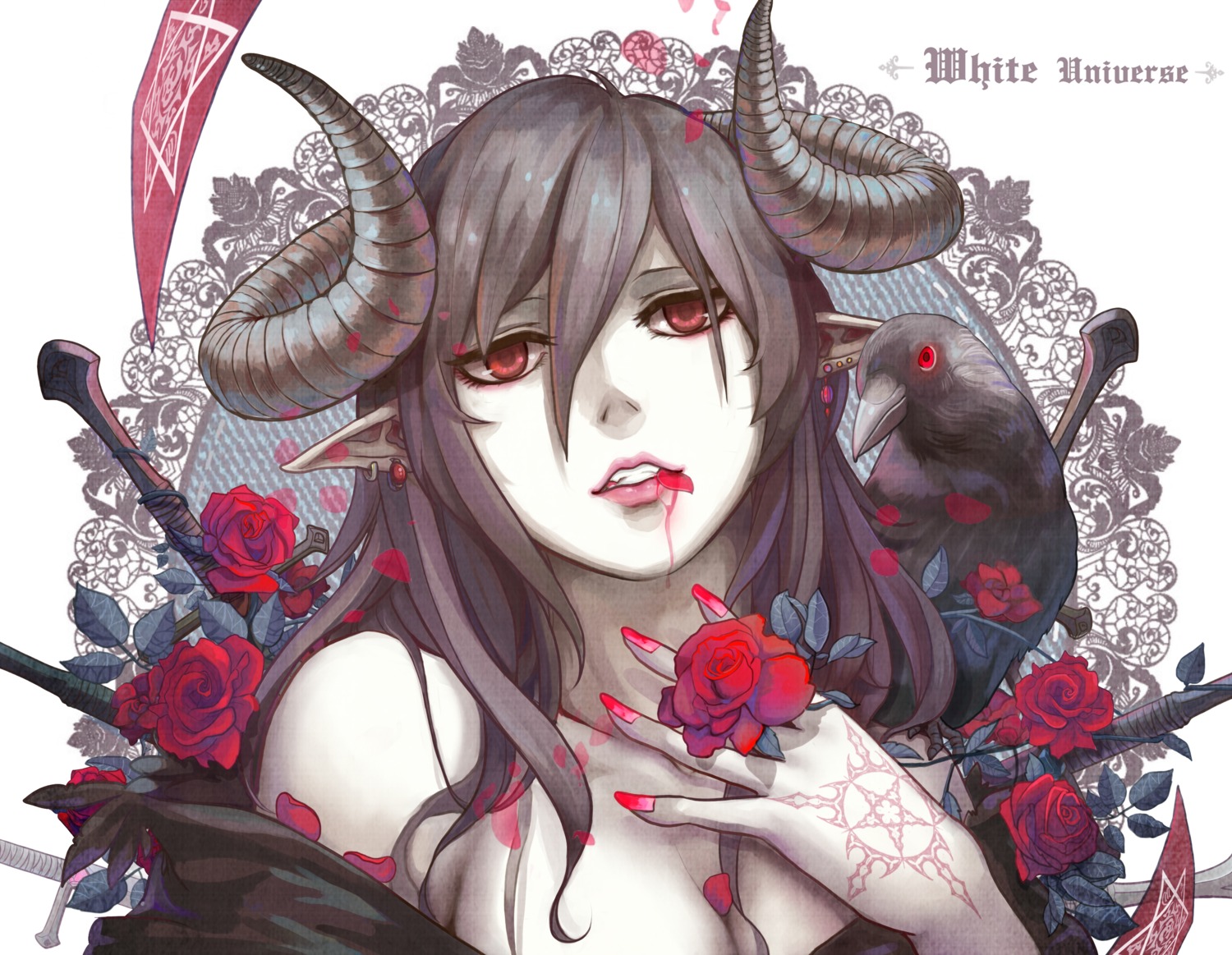 aoiakamaou, blood, cleavage, horns, pointy_ears, tattoo
