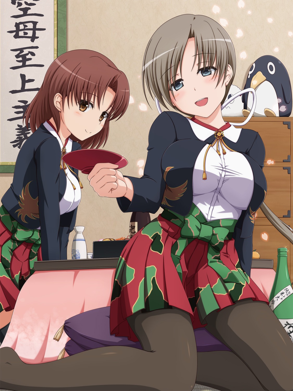 chitose_(kancolle), chiyoda_(kancolle), kantai_collection, pantyhose, sake, shira-nyoro