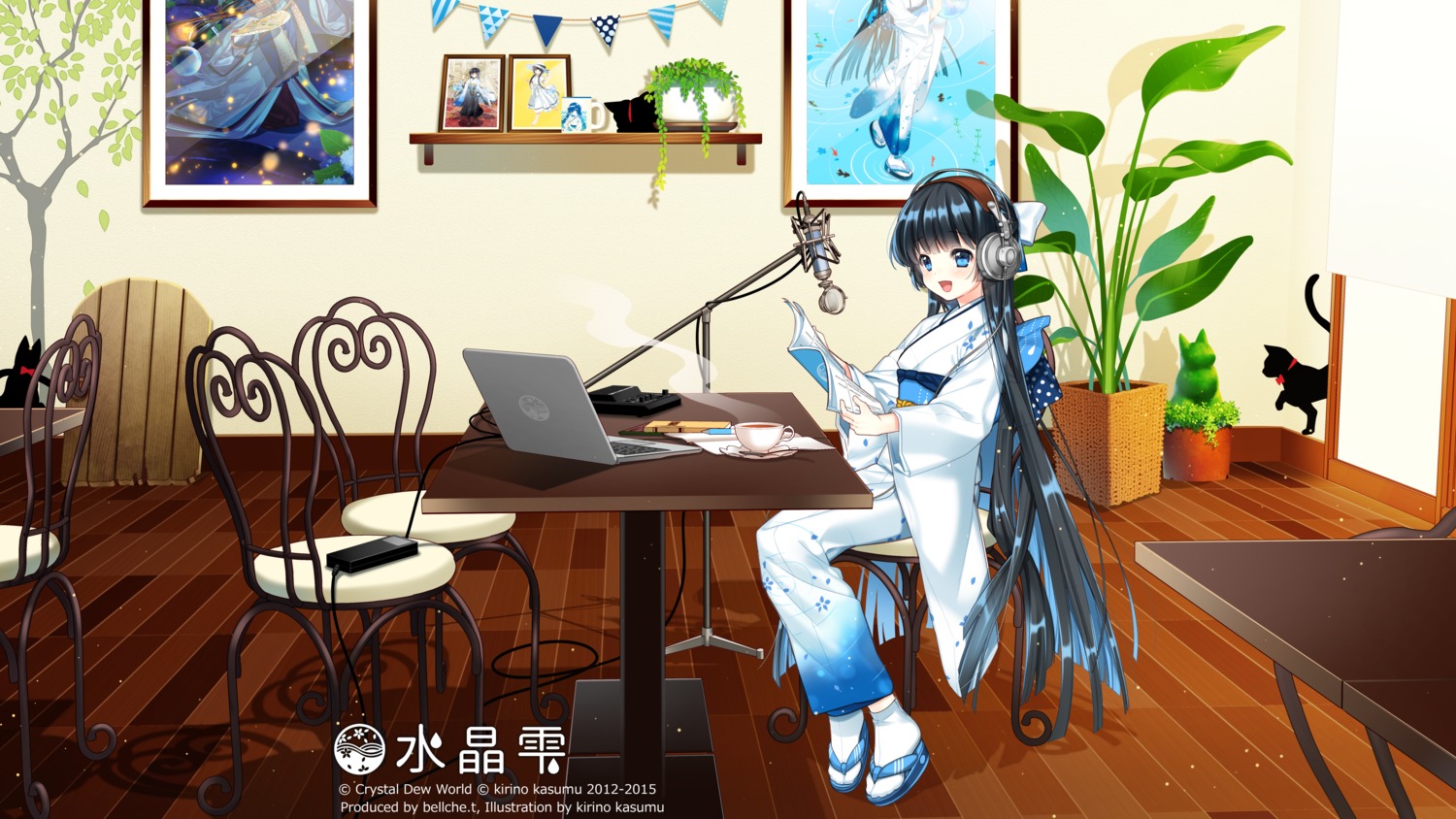 crystal_dew_world, dress, headphones, kirino_kasumu, suishou_shizuku, wallpaper, yukata