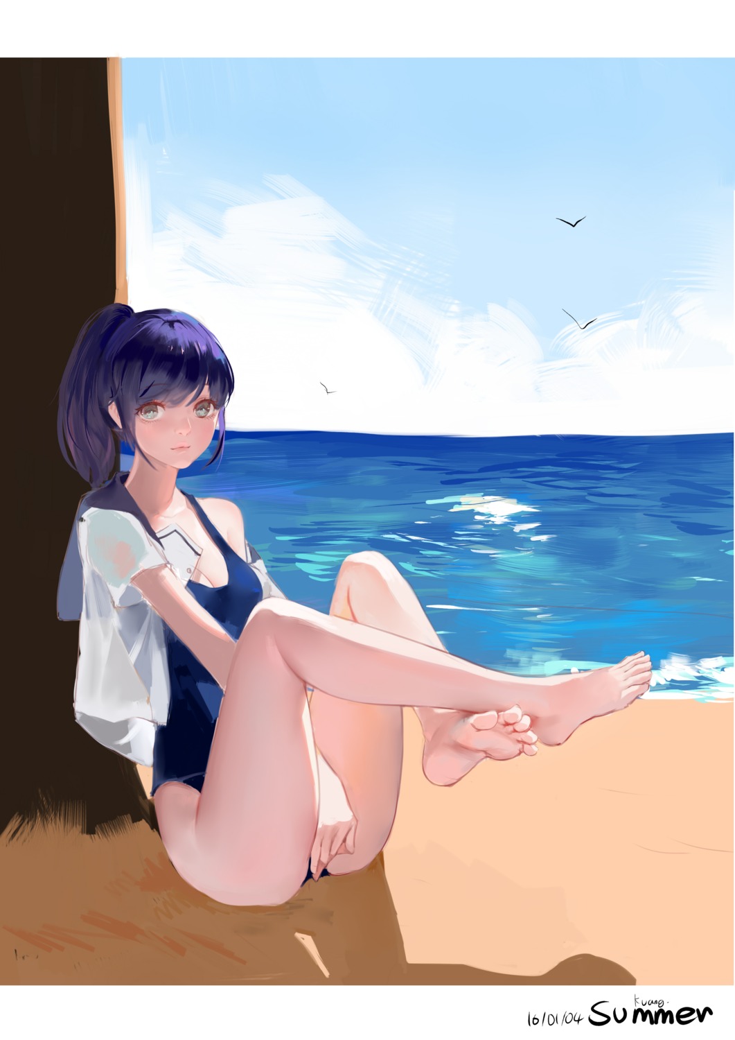cleavage, feet, kamachi_kamachi-ko, open_shirt, seifuku, swimsuits