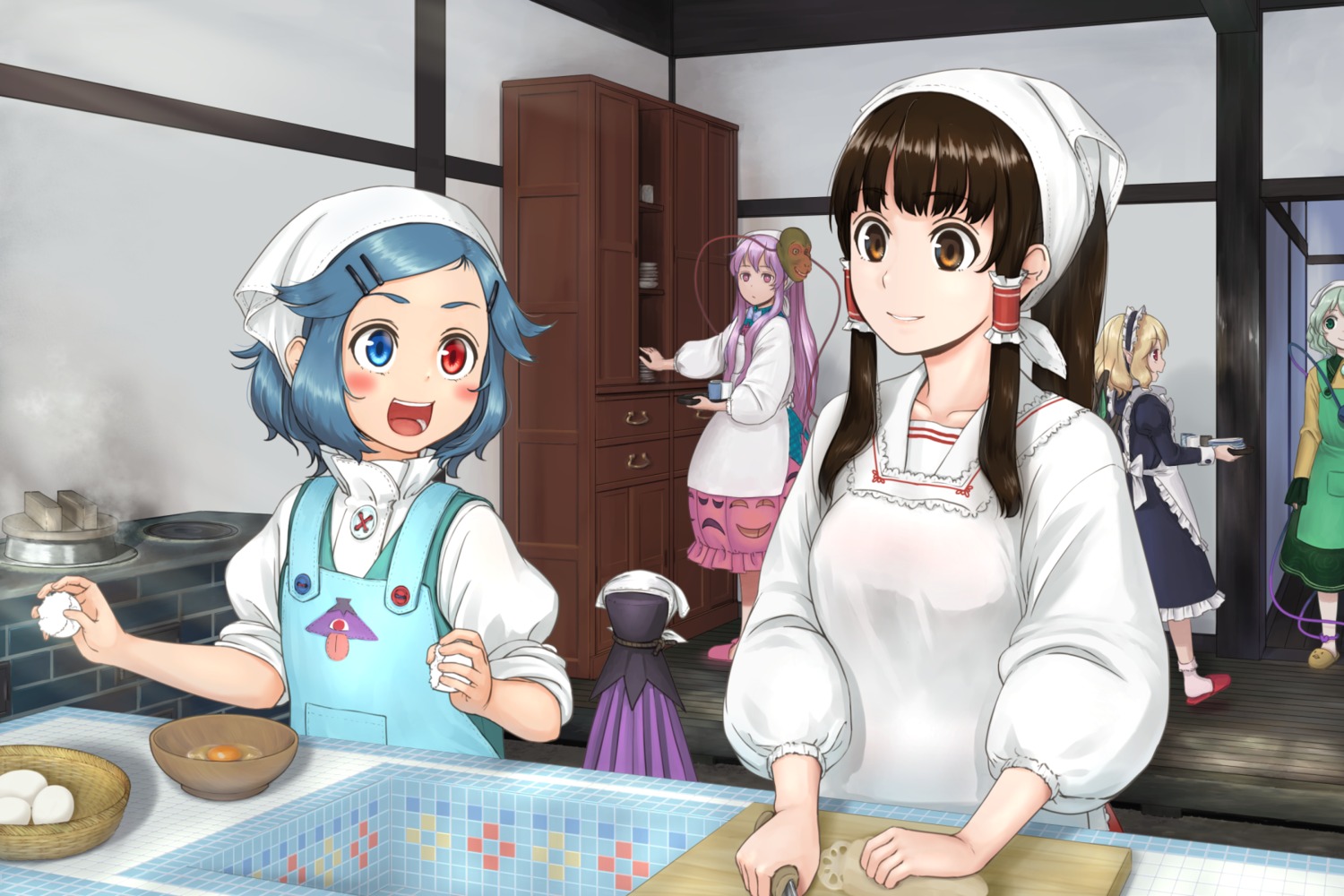 flandre_scarlet, hakurei_reimu, hata_no_kokoro, heterochromia, kitano_(kitanosnowwhite), komeiji_koishi, maid, pointy_ears