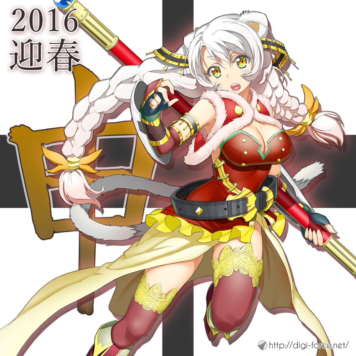 animal_ears, cleavage, kimura_shigetaka, no_bra, tail, thighhighs, weapon