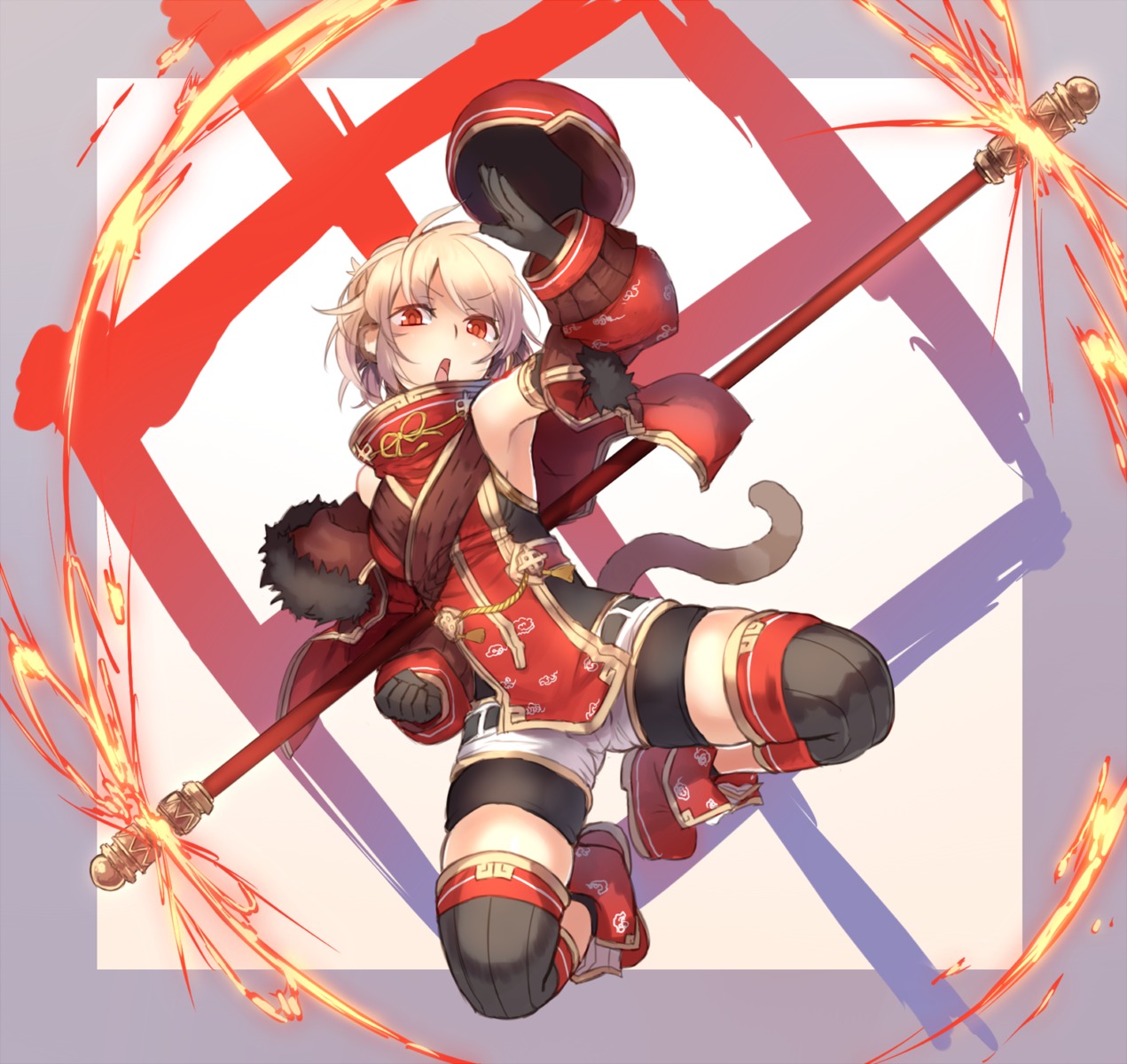 animal_ears, bike_shorts, shirogane_usagi, tail, thighhighs, weapon