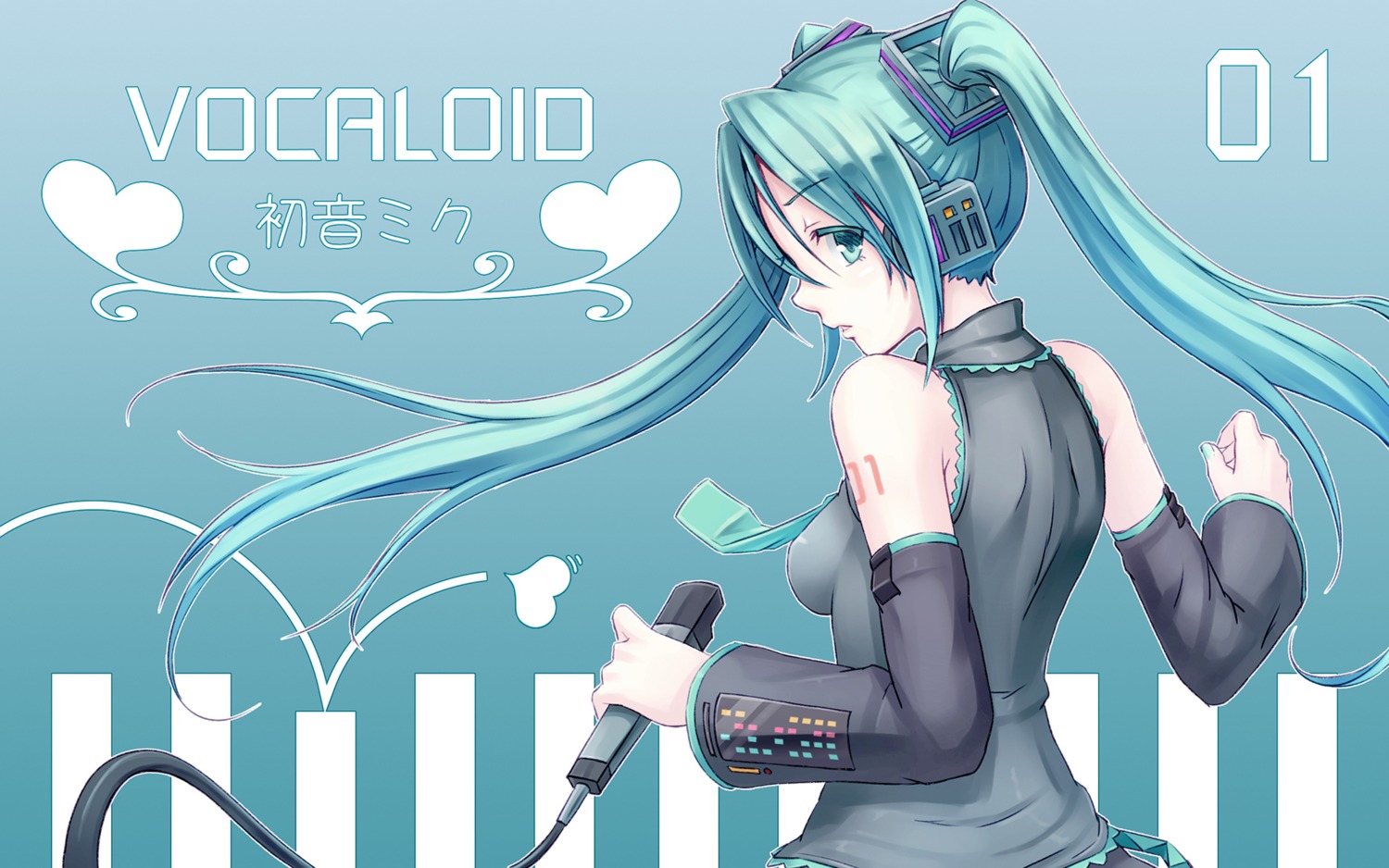 e-suke, hatsune_miku, headphones, tattoo, vocaloid, wallpaper