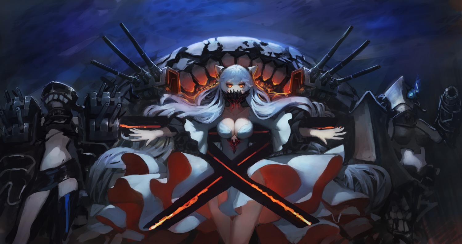 chi-class_torpedo_cruiser, cleavage, dress, gods, horns, kantai_collection, midway_hime, no_bra, nopan, thighhighs, tsu-class_light_cruiser