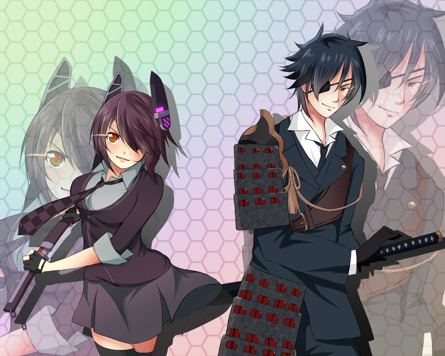 armor, crossover, eyepatch, kantai_collection, shokudaikiri_mitsutada, sword, tenryuu_(kancolle), thighhighs