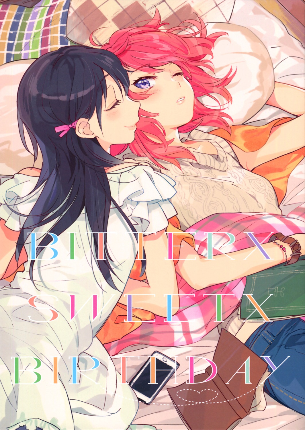 dress, karuha, love_live!, love_live!_(series), nishikino_maki, prism*pink, sheets, yazawa_nico