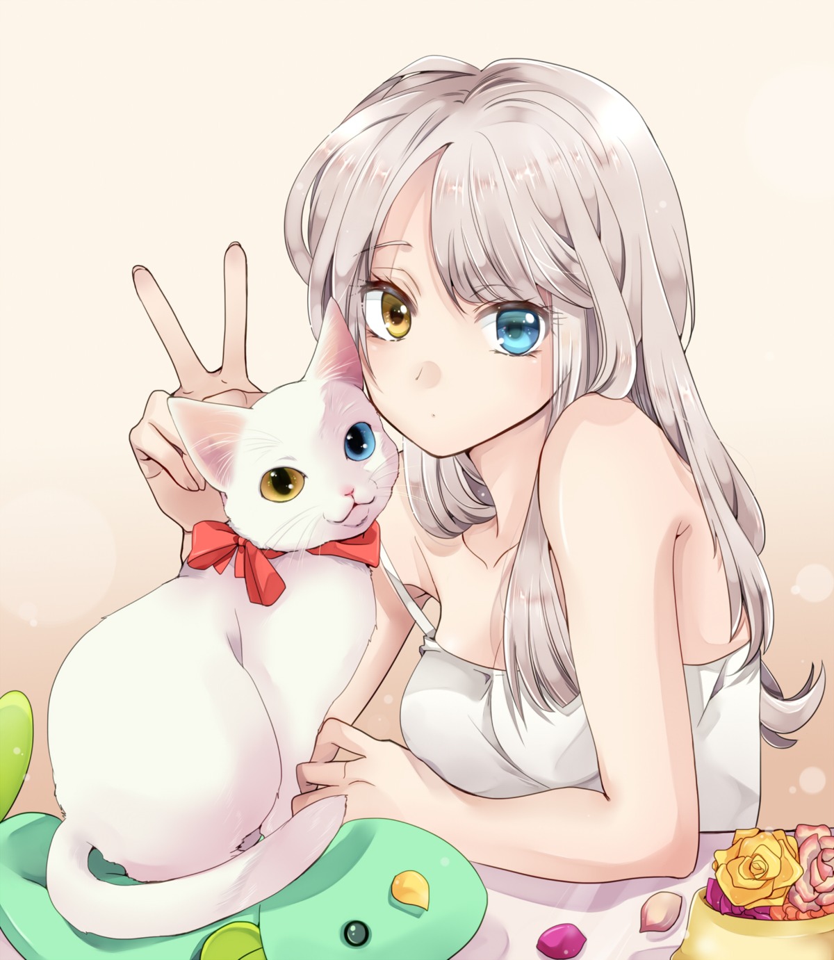 cleavage, heterochromia, mihara_youzora, neko
