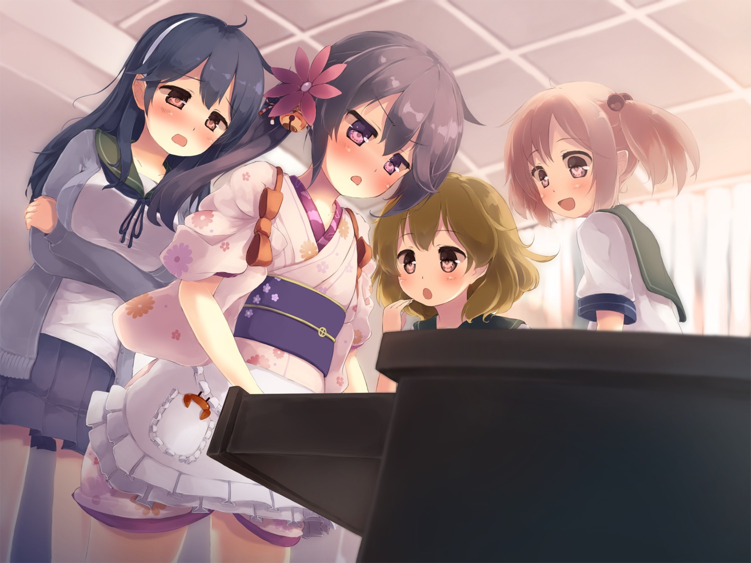 akebono_(kancolle), gengetsu_chihiro, kantai_collection, oboro_(kancolle), open_shirt, sazanami_(kancolle), seifuku, sweater