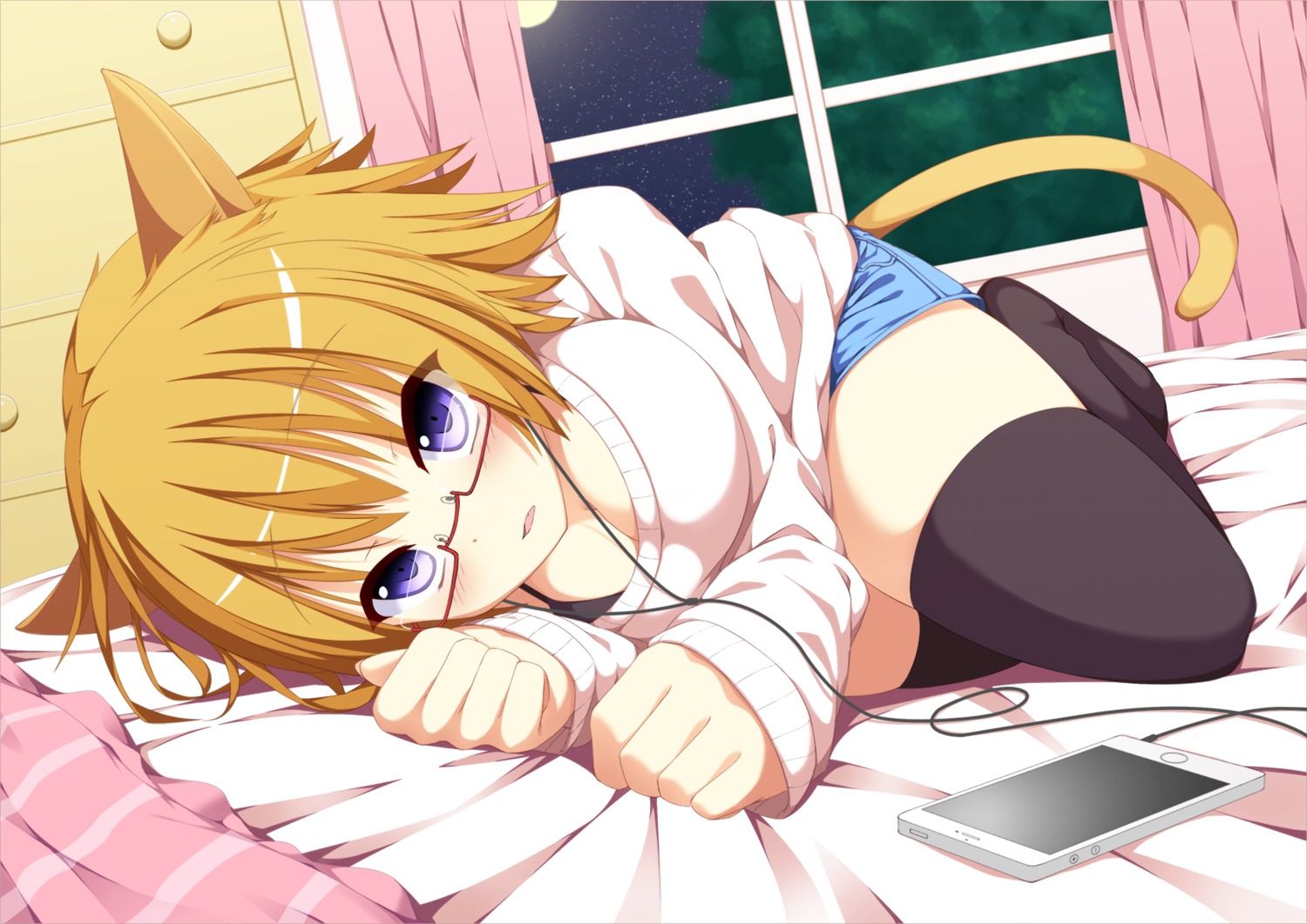 animal_ears, cleavage, nekomimi, papino, sweater, tail, thighhighs