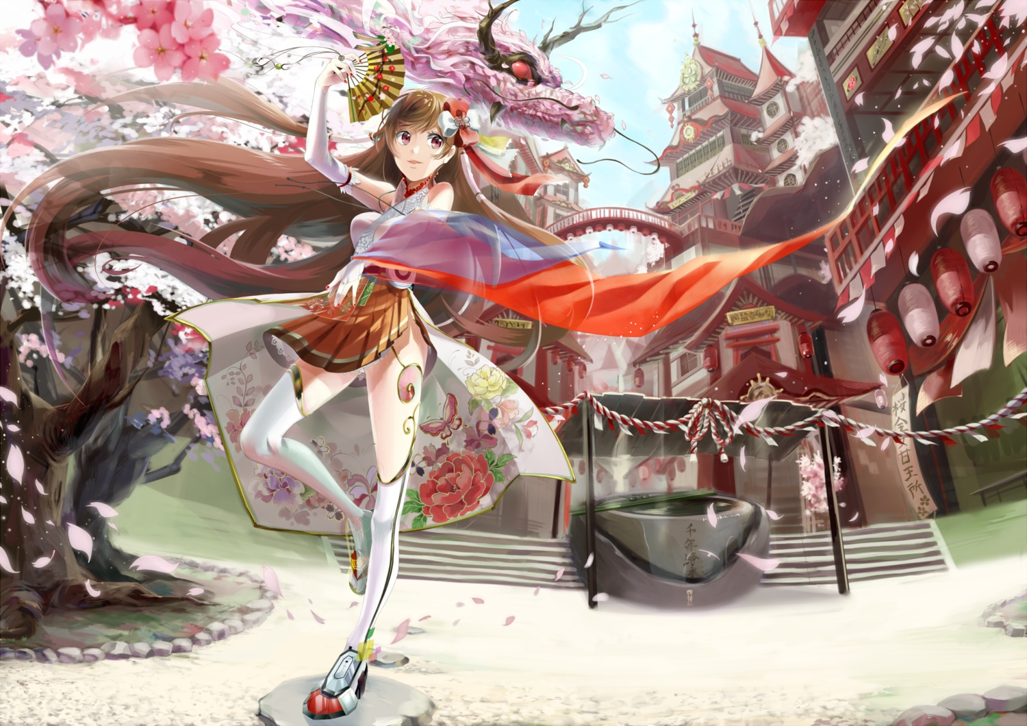 japanese_clothes, landscape, monster, thighhighs, yache