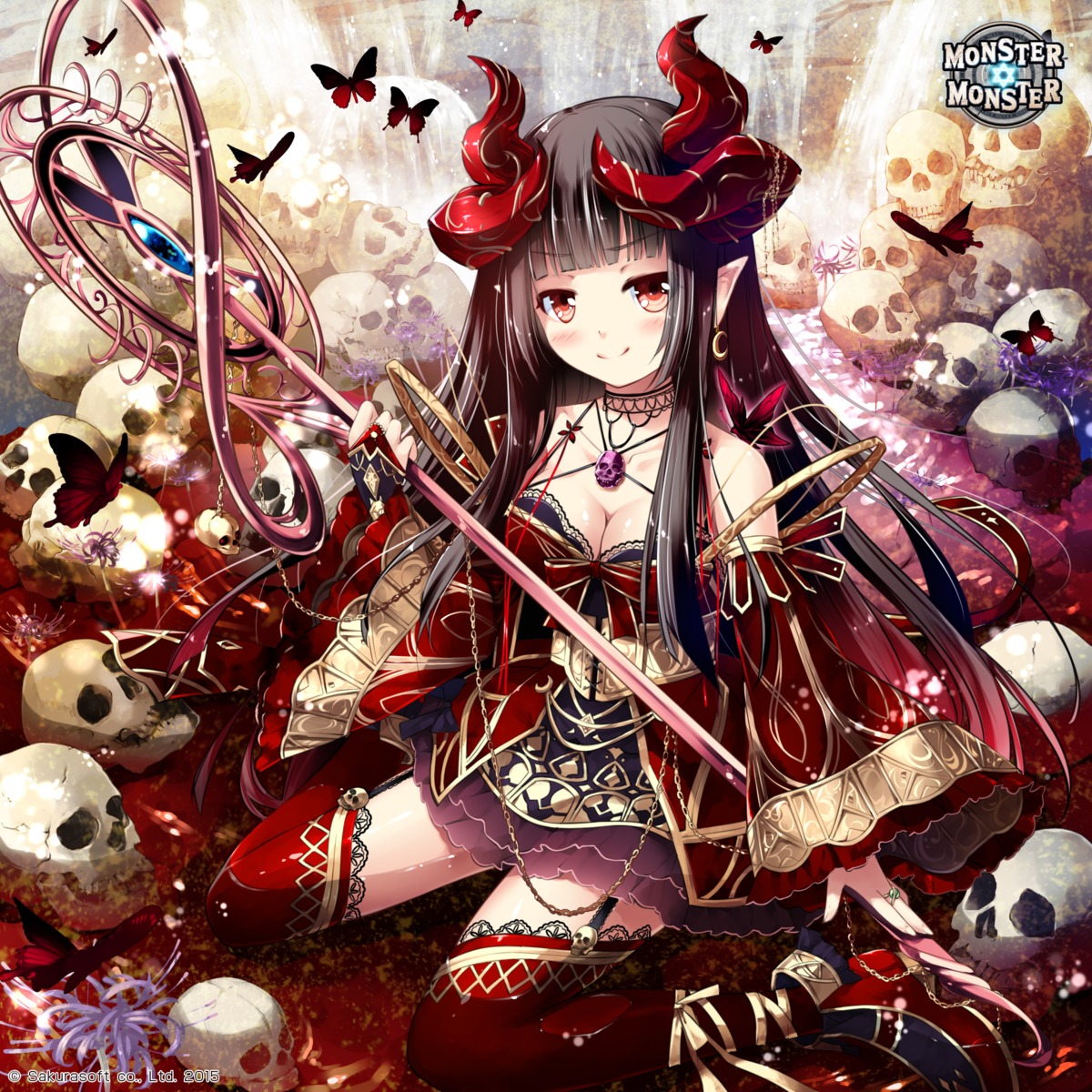cleavage, horns, lolita_fashion, miyase_mahiro, monster_monster, pointy_ears, see_through, stockings, thighhighs, wa_lolita, weapon