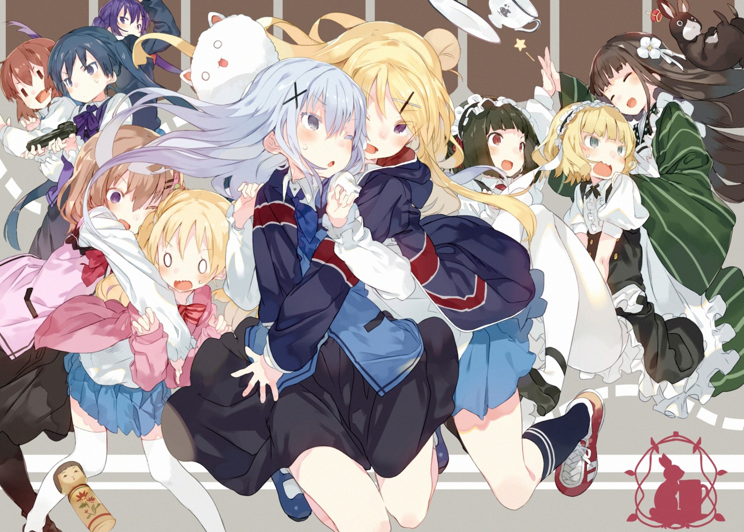 alice_cartelet, anko_(gochiusa), crossover, gochuumon_wa_usagi_desu_ka?, gun, hoto_cocoa, inokuma_youko, kafuu_chino