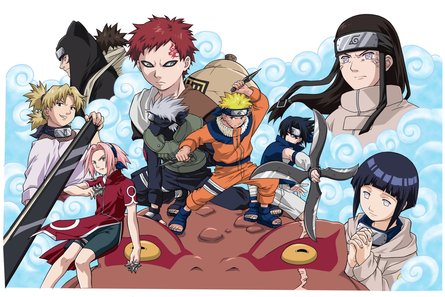 gaara, haruno_sakura, hatake_kakashi, hyuuga_hinata, hyuuga_neji, kankuro, naruto, temari_(naruto), uchiha_sasuke, uzumaki_naruto