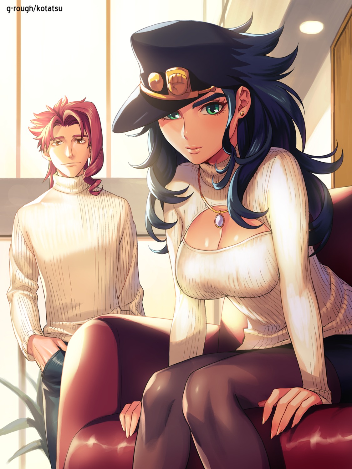 cleavage, genderswap, jojo_no_kimyou_na_bouken, jojo_no_kimyou_na_bouken_part_3:_stardust_crusaders, kakyouin_noriaki, kotatsu_(g-rough), kuujou_joutarou, pantyhose
