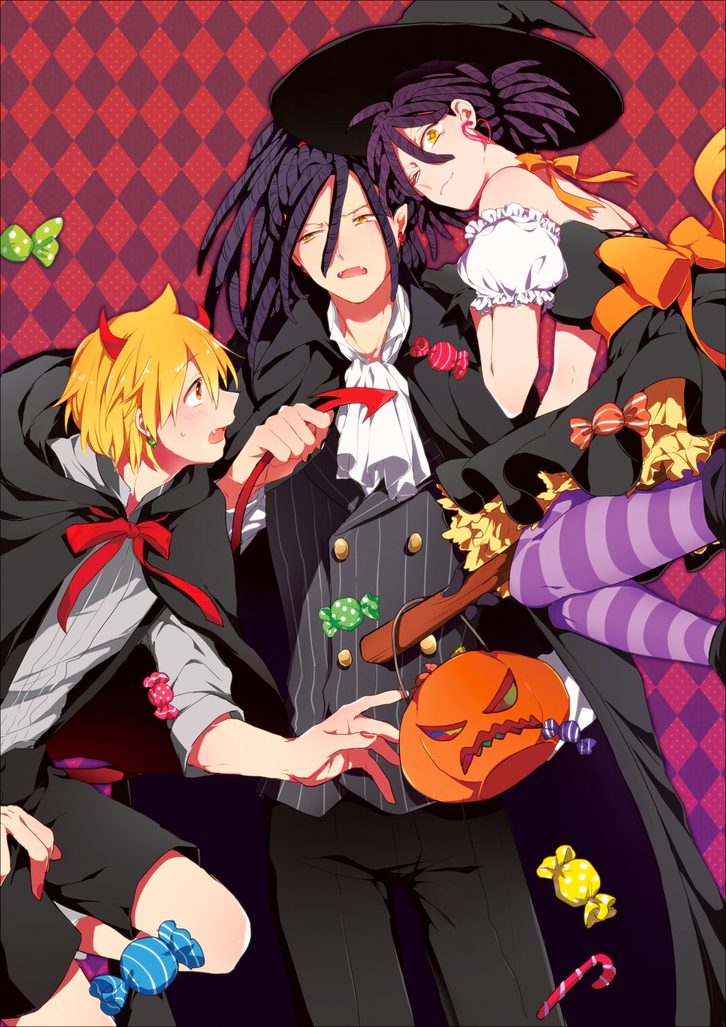 alibaba_saluja, dress, halloween, horns, kassim, magi_the_labyrinth_of_magic, mariam, mizuno_(pixiv1214811), pantyhose, tail, witch