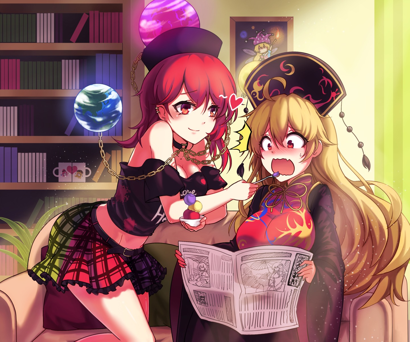 cleavage, clownpiece, hecatia_lapislazuli, junko, kochiya_sanae, koissa, touhou, yuri