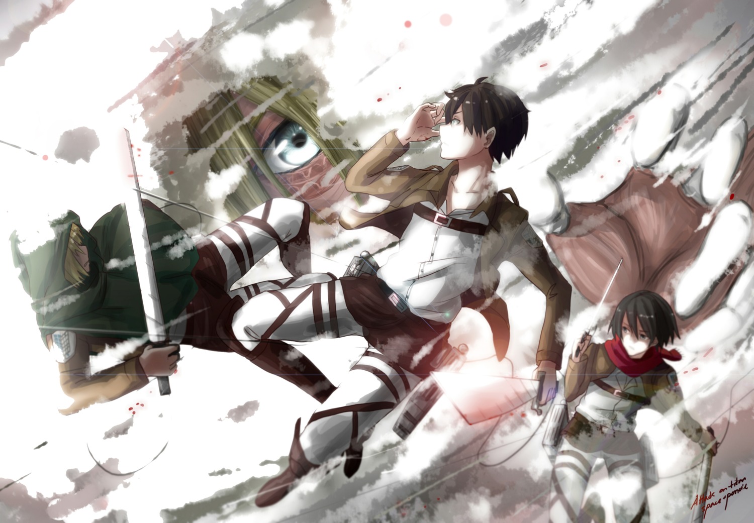 annie_leonhardt, armin_arlelt, eren_jaeger, female_titan, mikasa_ackerman, shingeki_no_kyojin, suppakarn_prakobkij_(soompook2122), uniform