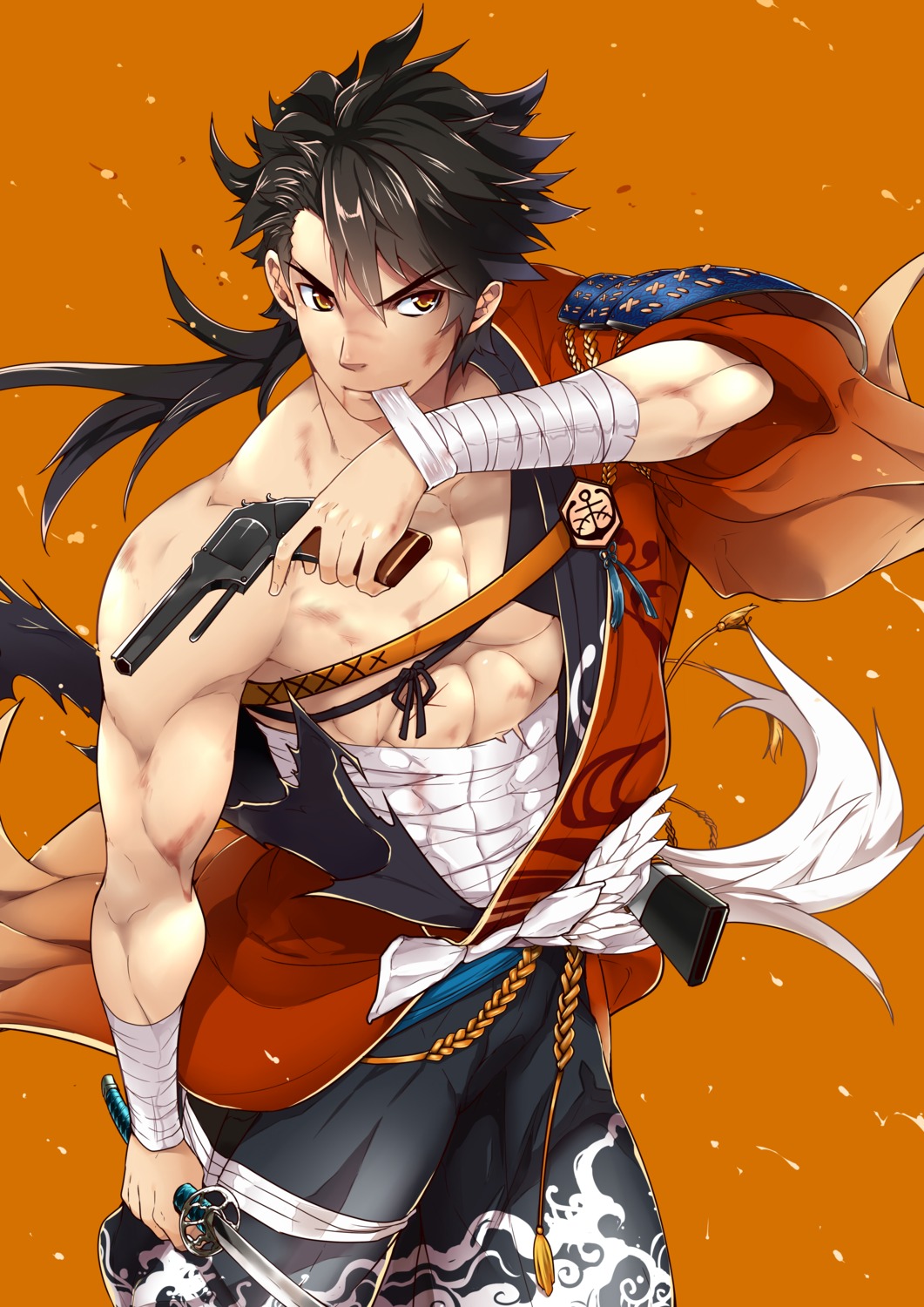 bandages, black_monkey_mazjojo, gun, male, mutsu-no-kami_yoshiyuki_(tourabu), sword, touken_ranbu