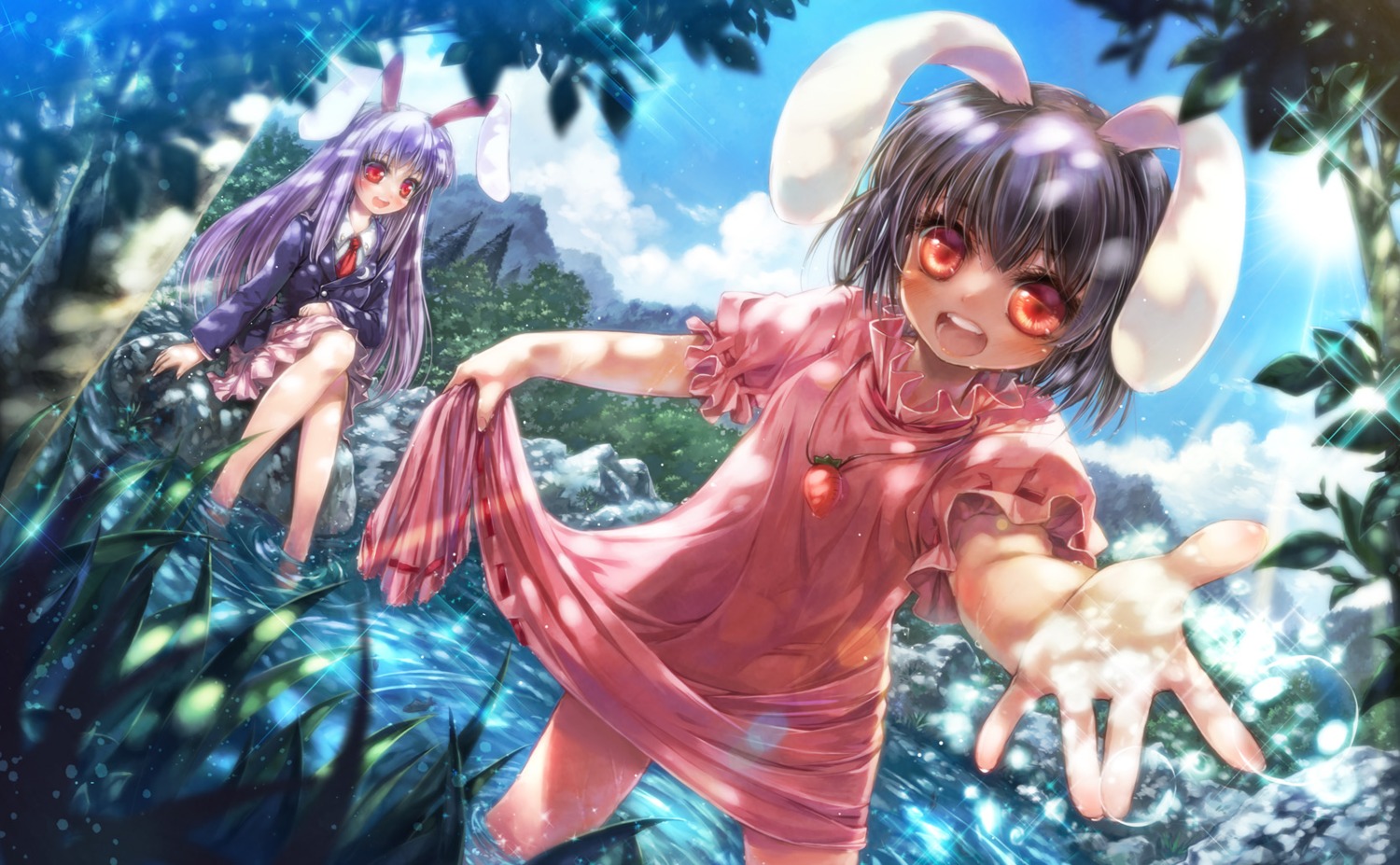 animal_ears, bunny_ears, dress, inaba_tewi, misaki_(kyal_001), reisen_udongein_inaba, skirt_lift, touhou, wet, wet_clothes