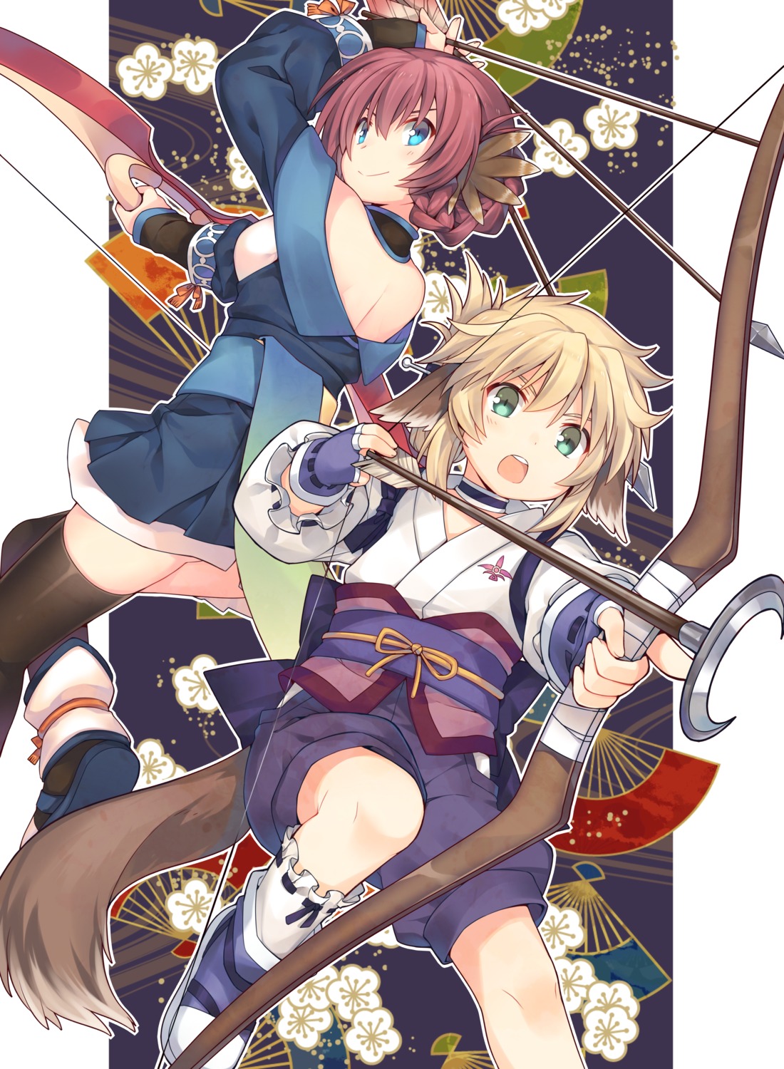 animal_ears, japanese_clothes, no_bra, nosuri_(utawarerumono), tail, thighhighs, utawarerumono, utawarerumono_itsuwari_no_kamen, weapon