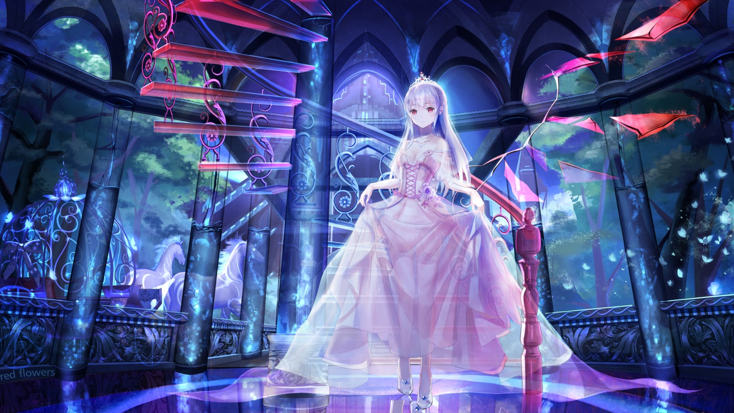 cleavage, dress, heels, red_flowers, see_through, skirt_lift, stockings, thighhighs