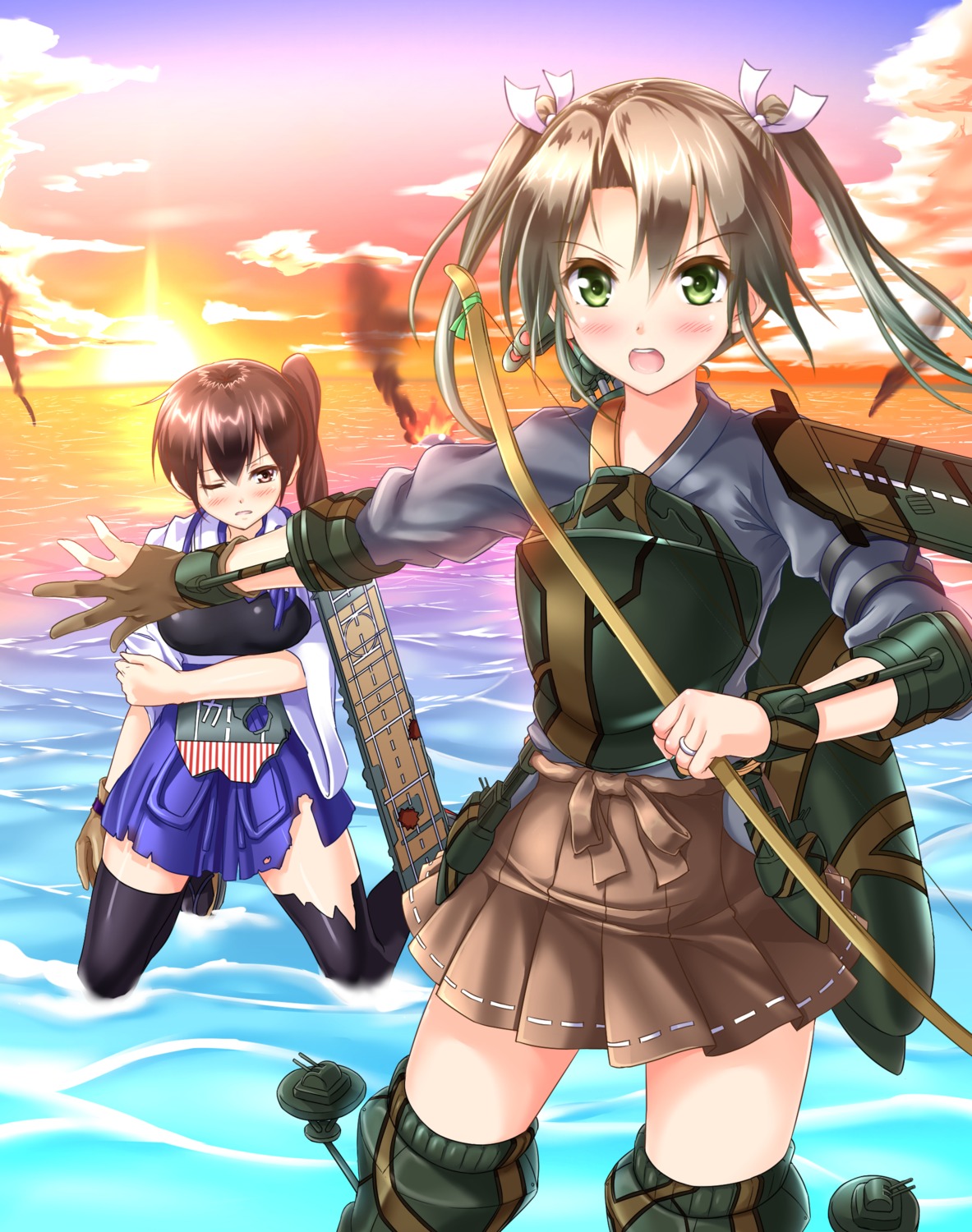 kaga_(kancolle), kantai_collection, kyamu, thighhighs, torn_clothes, weapon, zuikaku_(kancolle)
