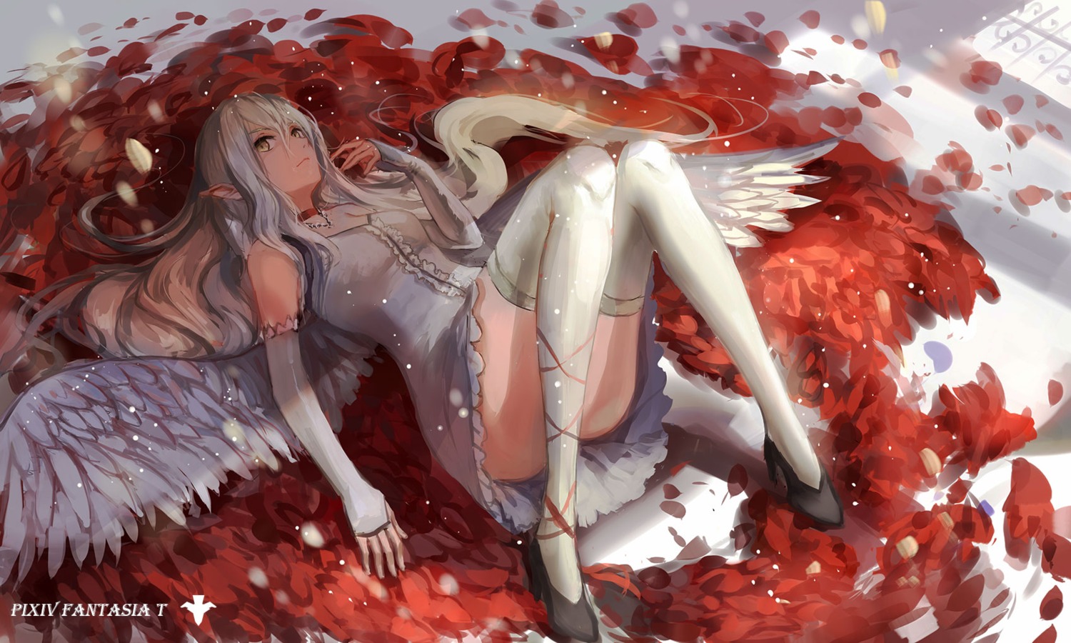 dress, heels, pixiv_fantasia_t, pointy_ears, sishenfan, thighhighs, wings