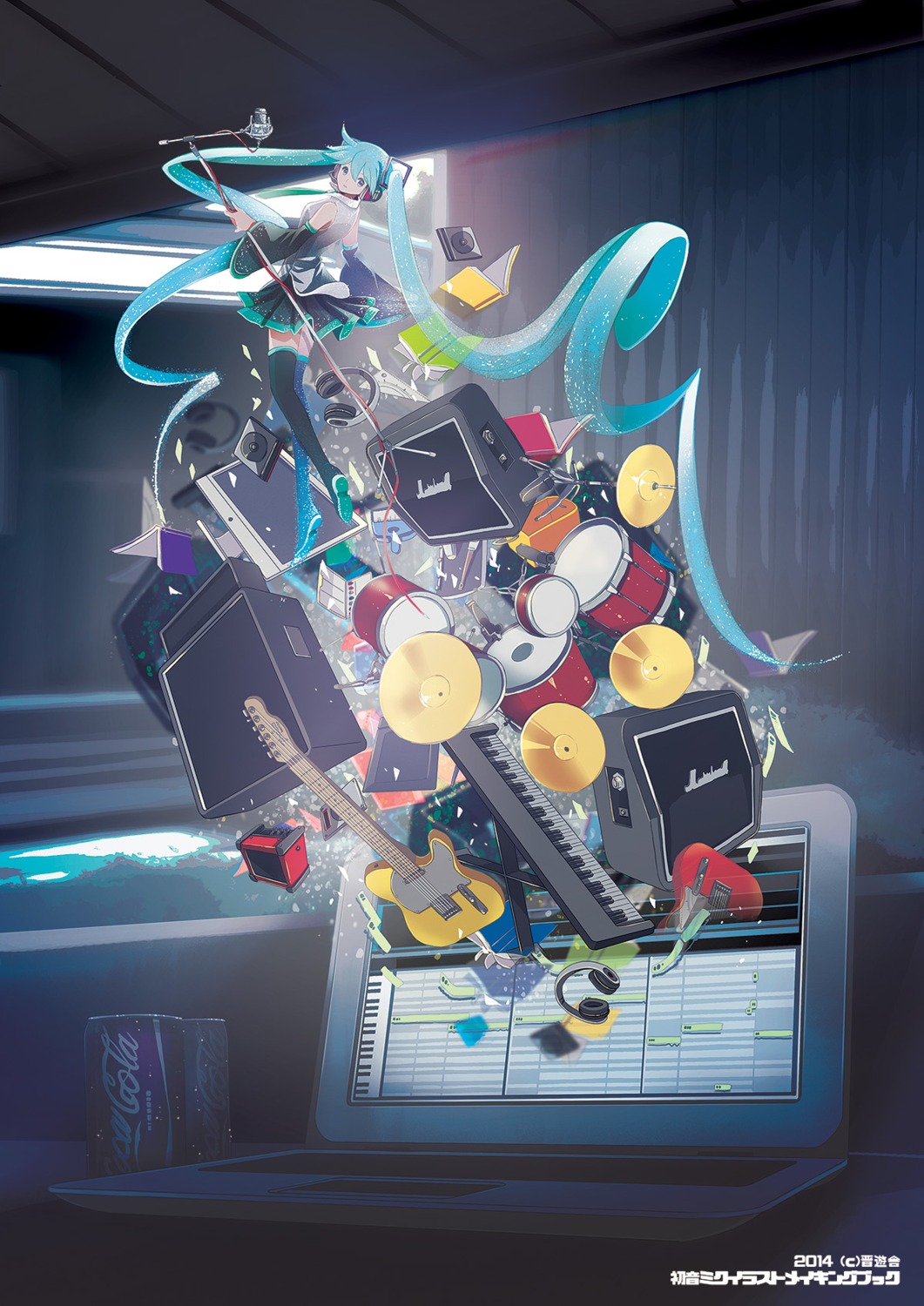 chris, guitar, hatsune_miku, headphones, thighhighs, vocaloid