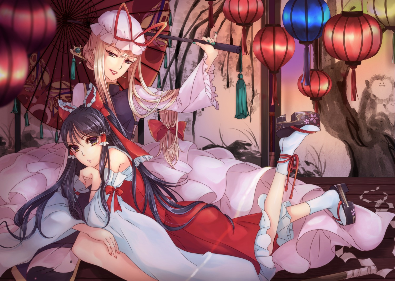 dress, hakurei_reimu, kubikirisaikuru, sarashi, touhou, umbrella, yakumo_yukari